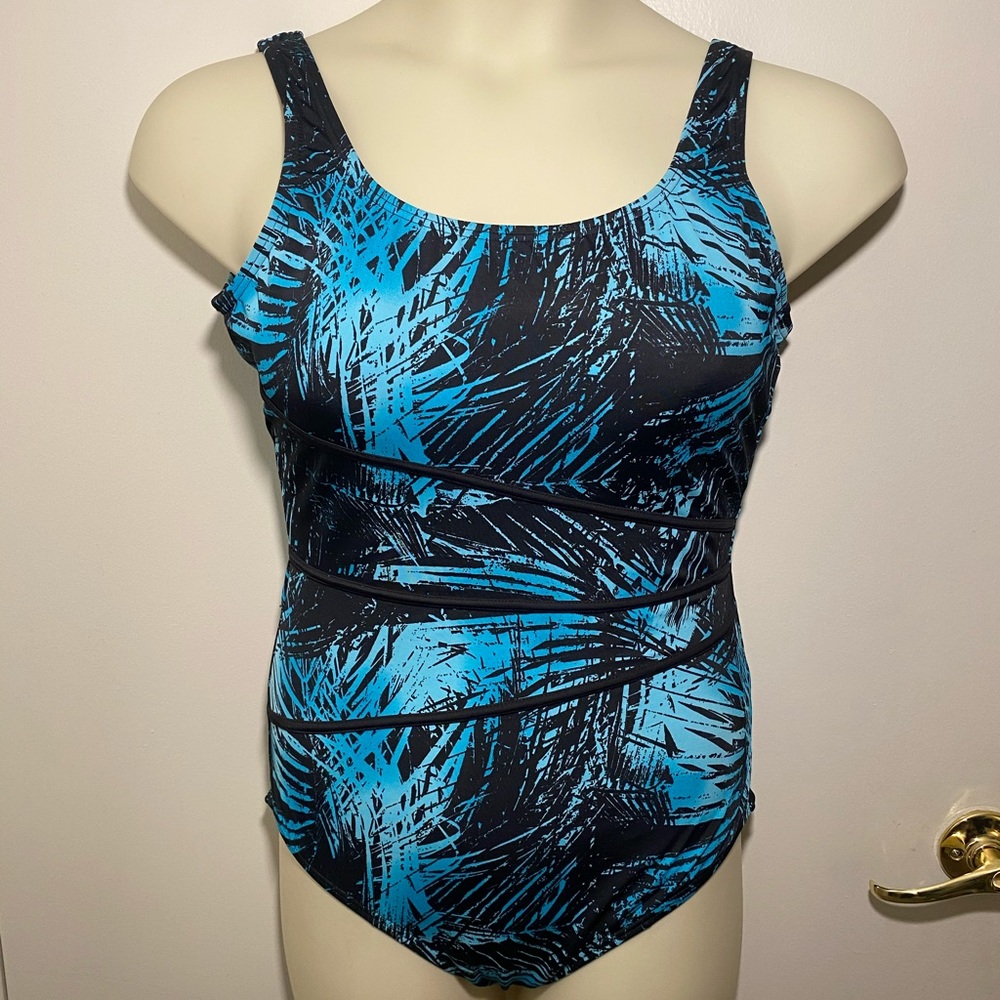 Blue and black one piece swimming suit